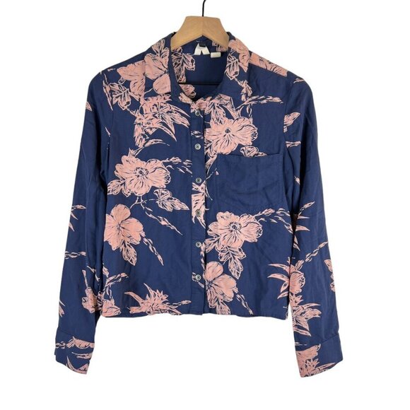 Roxy Blue Floral Mood Indigo Vertigo Cropped Button Down Shirt - Picture 1 of 5